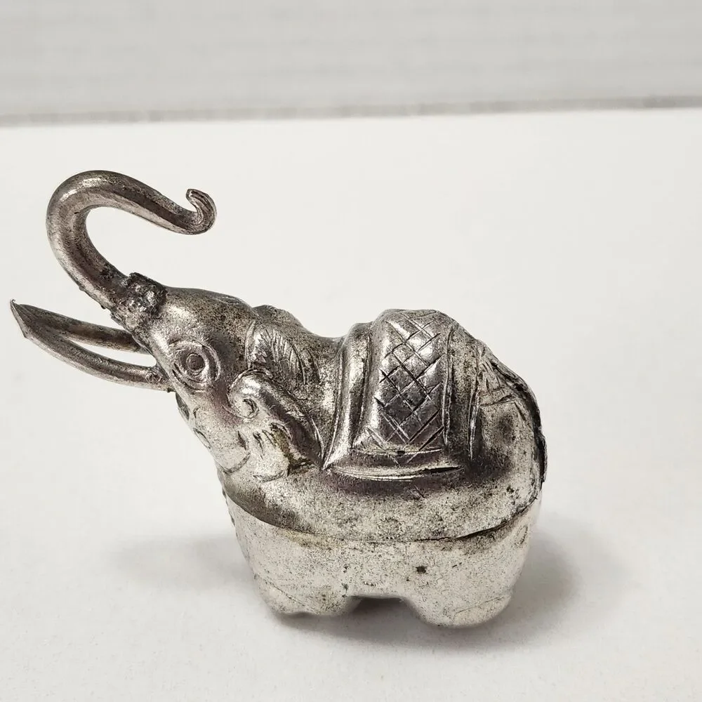 Cambodian Silver Tone Elephant Betel Nut Box Trinket Container Mid-Century